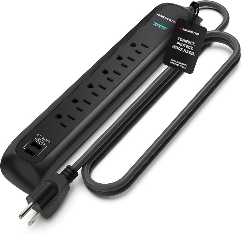 Monster Power Surge Protector w/ 1200 Joule Rating — Heavy Duty 6 FT Surge Protector Power Strip w/ 6 120V Outlets, 2 USB-A Ports — Fireproof MOV, Dual Mode, Clean Tech for Home & Office (Black)