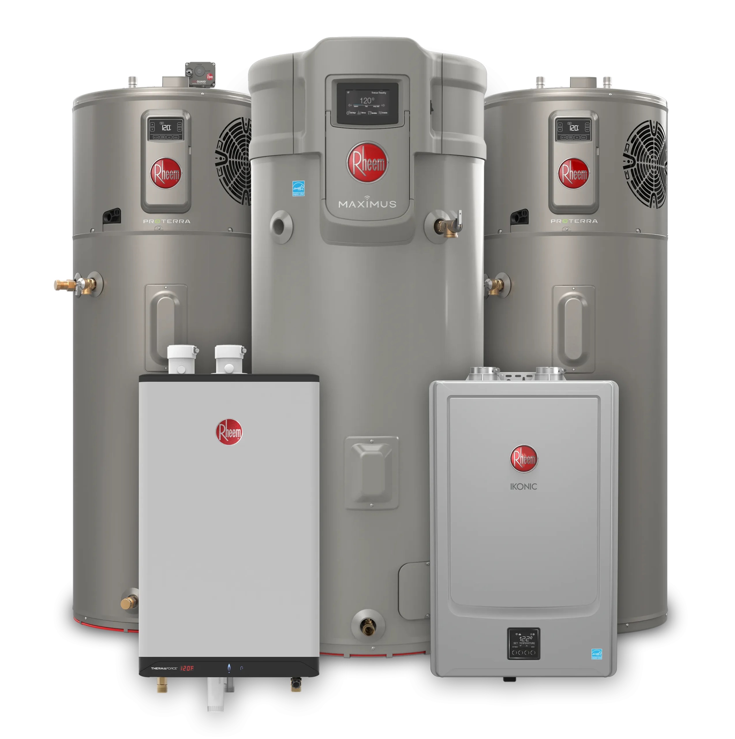 Tank and tankless water heater units side by side.