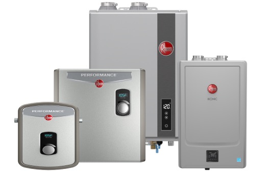 A wall-mounted tankless water heater unit.