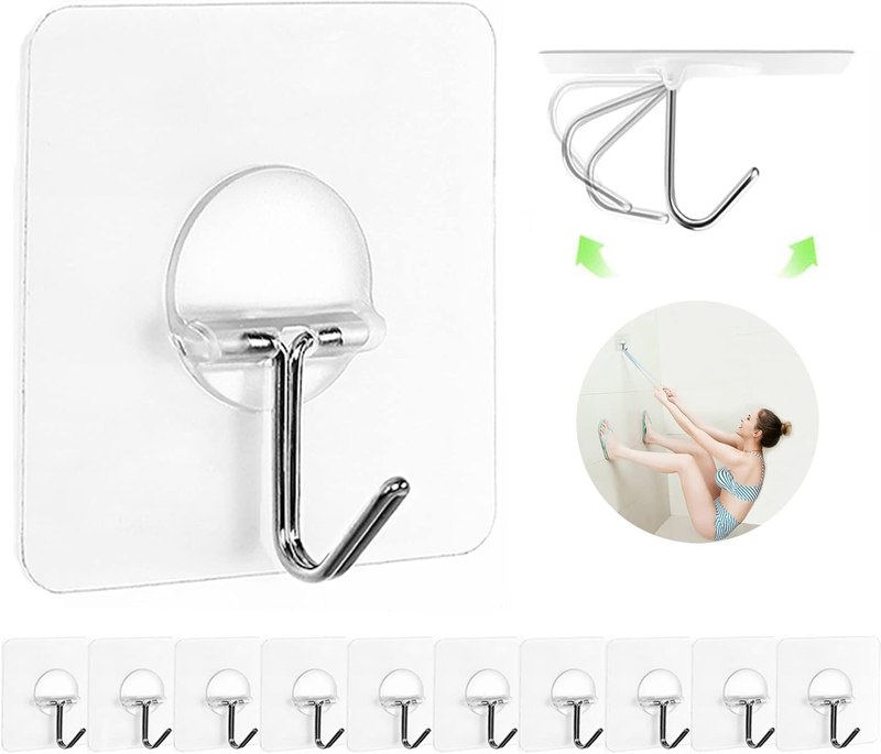 Adhesive Wall Hooks No Drill Clear Heavy Duty, 13LB Sticky 12 Pack | Waterproof Transparent Sticky Hooks for Hanging, 13lbs Max Load No Damage,Ideal for Towel,Coat,Bathroom,Kitchen,Home