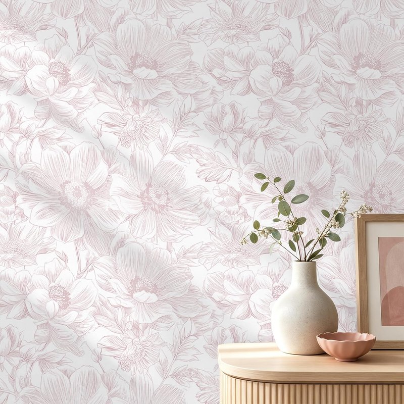 Floral Peel and Stick Wallpaper Boho Pink Removable Vintage Contact Paper | 17.3" x 78.7" 