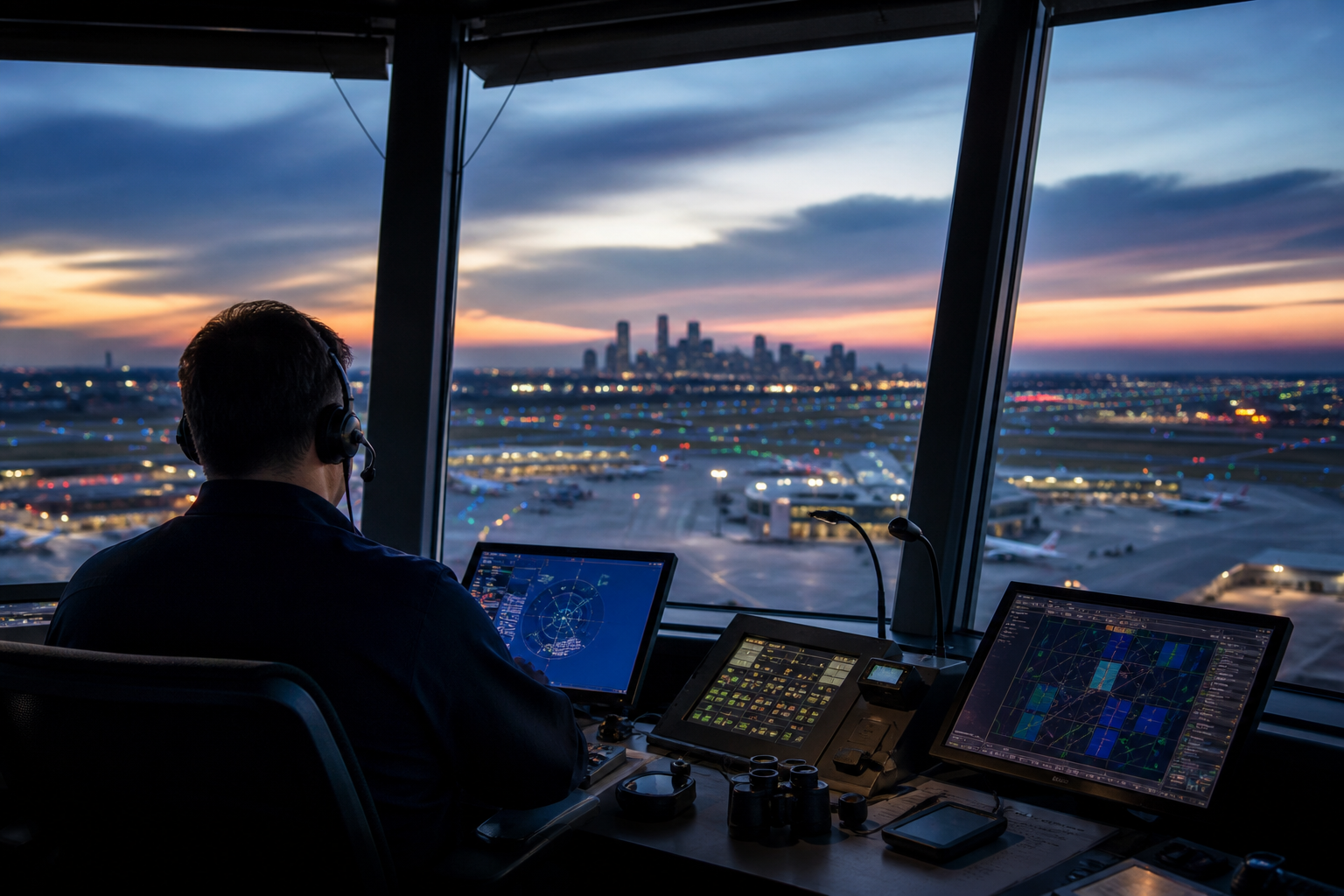 AI-generated editorial illustration of an air traffic controller at dusk