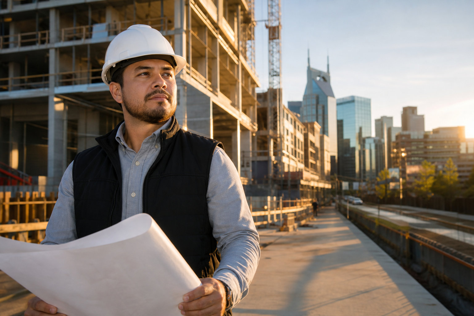 AI-generated editorial illustration of a construction manager