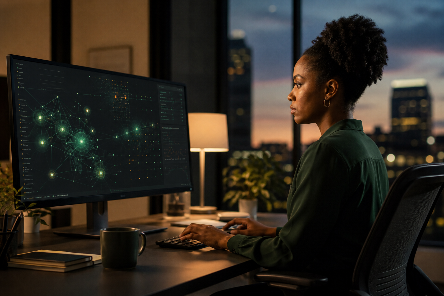 AI-generated editorial illustration of a cybersecurity analyst