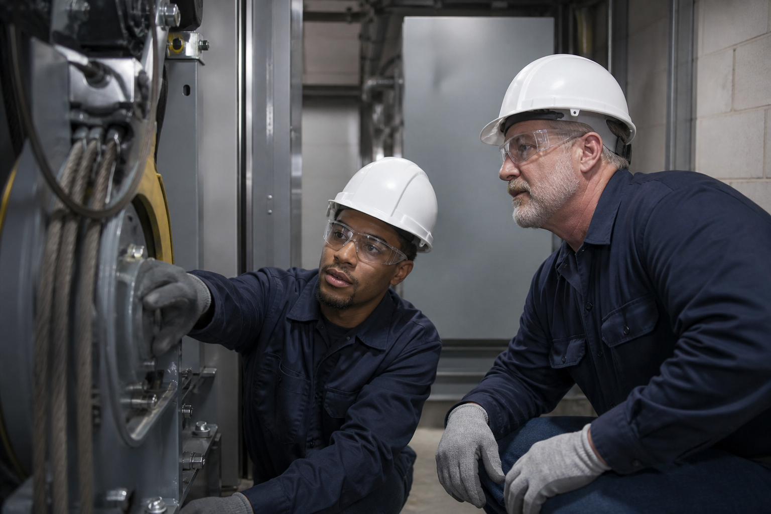 AI-generated editorial illustration of an elevator technician and mentor