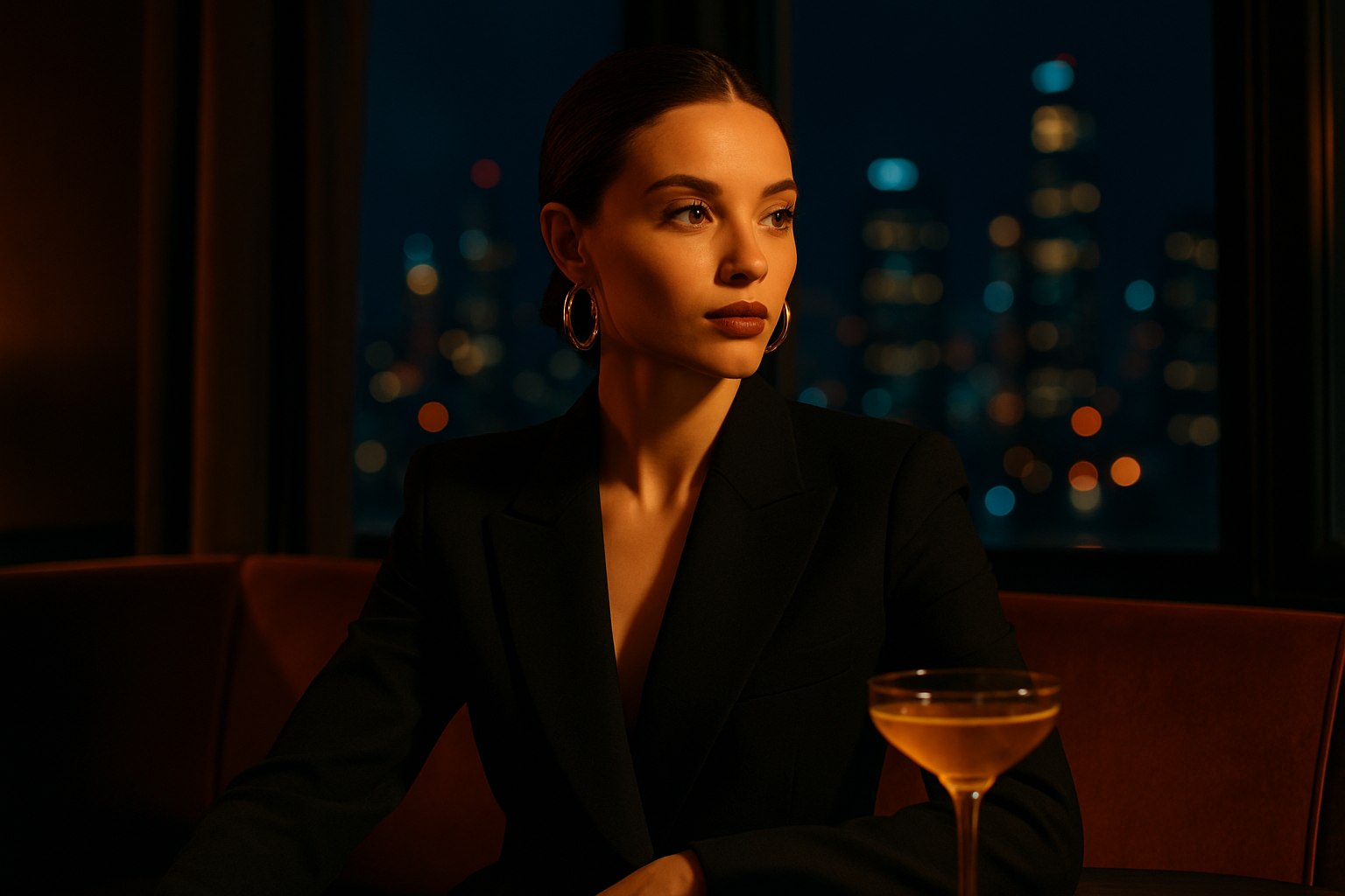 Editorial night photograph of a fictional adult model in black tailoring at an upscale lounge