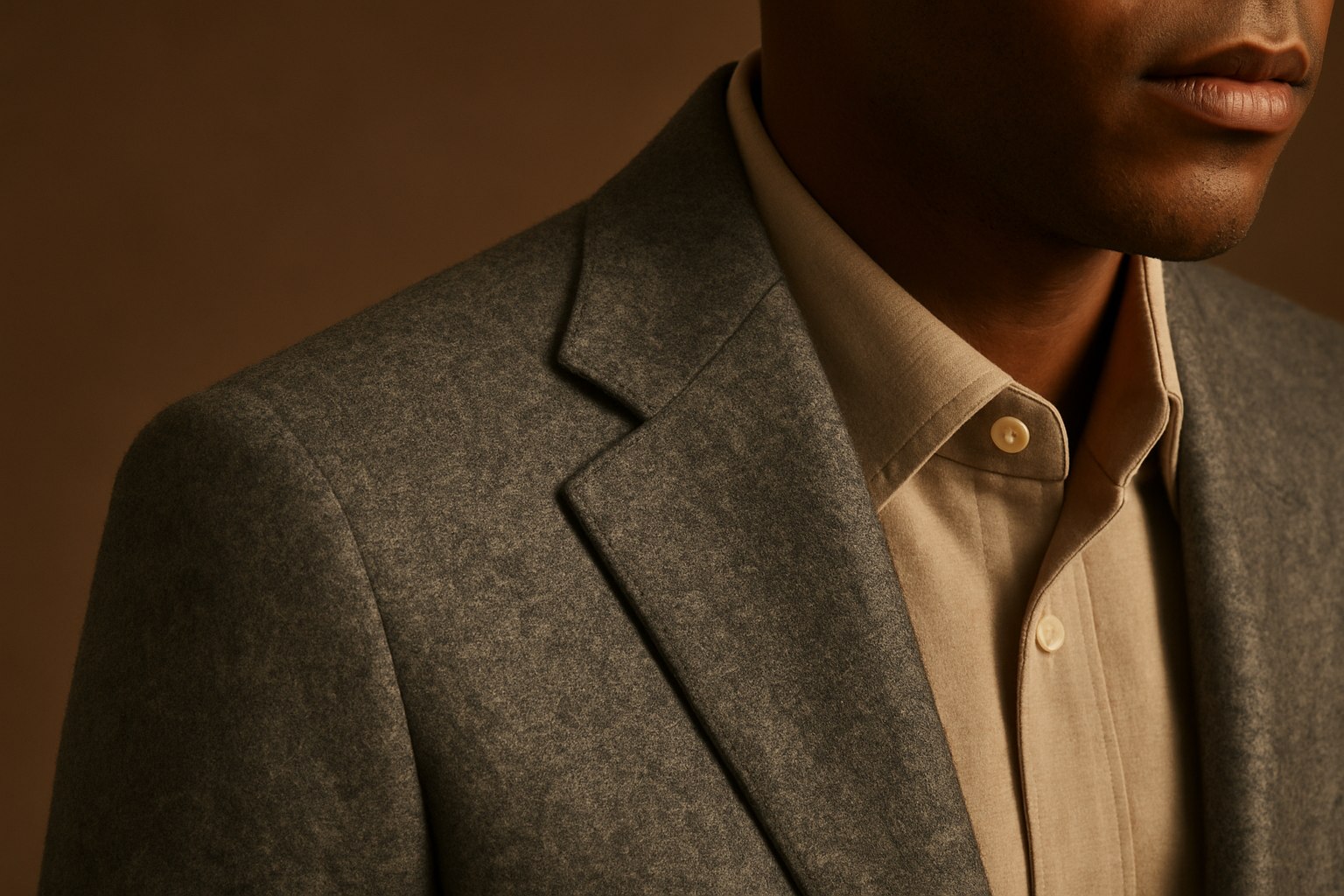 Editorial close-up of a tailored wool blazer shoulder