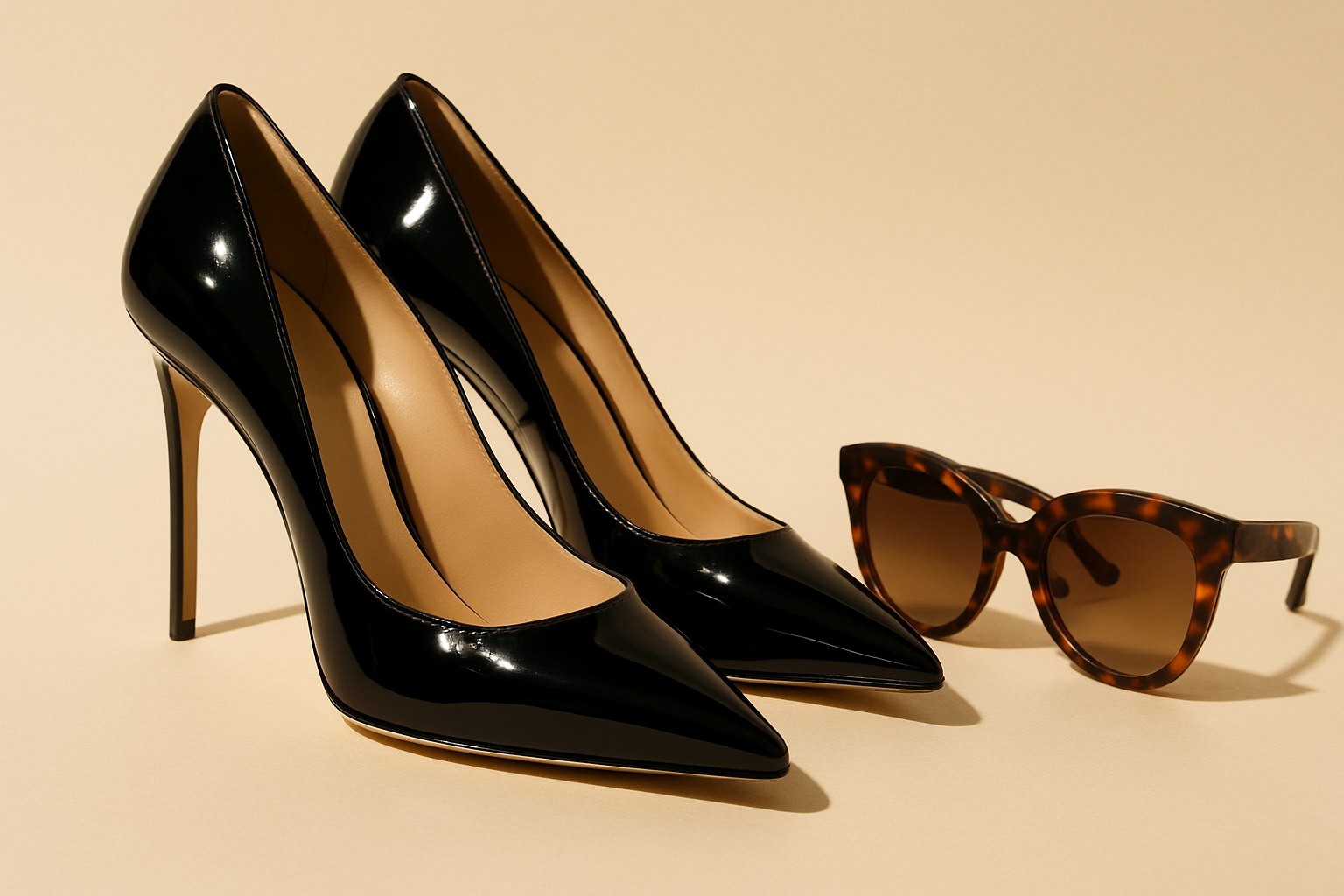 Editorial photograph of black patent leather heels and sunglasses