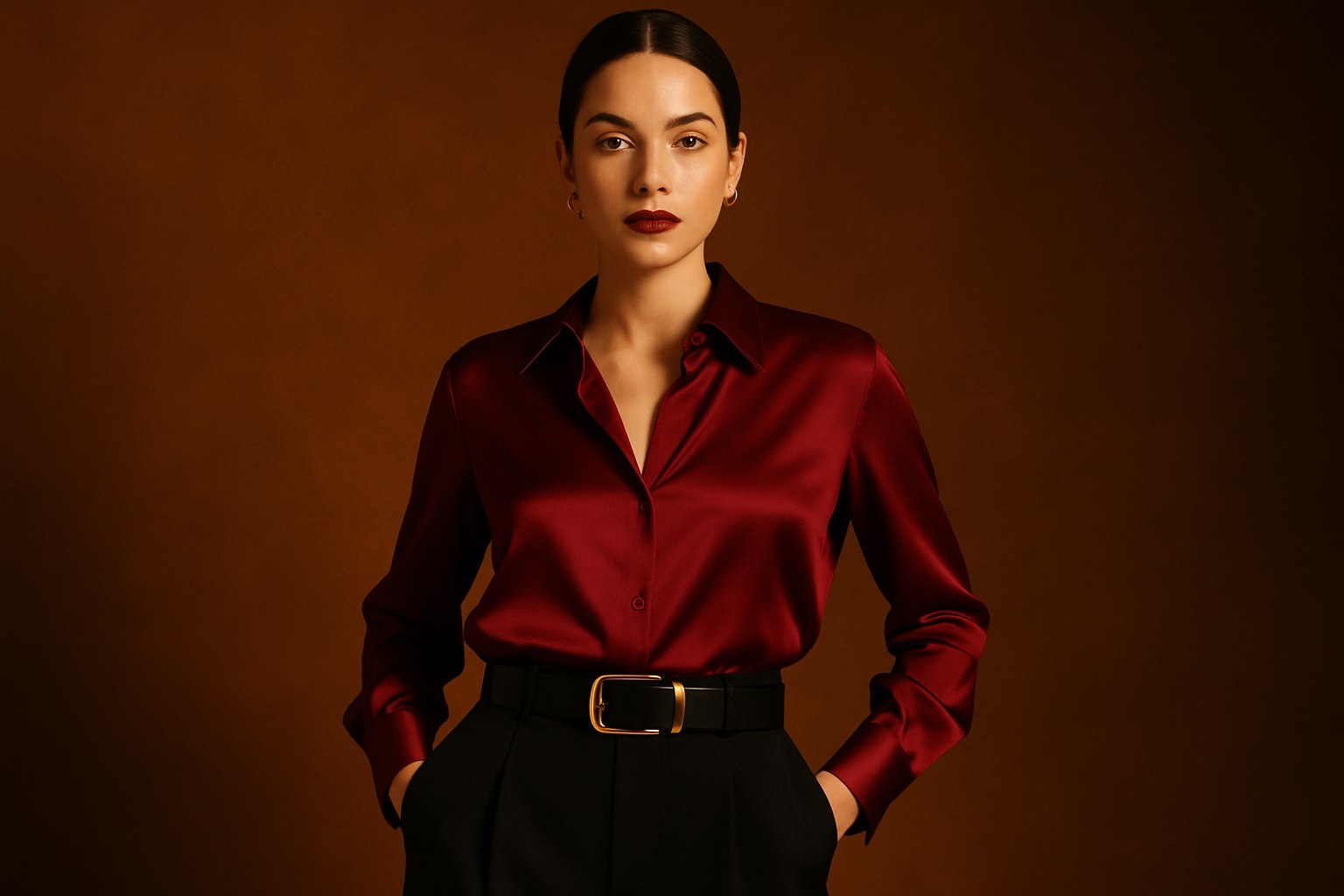 Editorial photograph of a fictional adult model wearing an oxblood satin blouse
