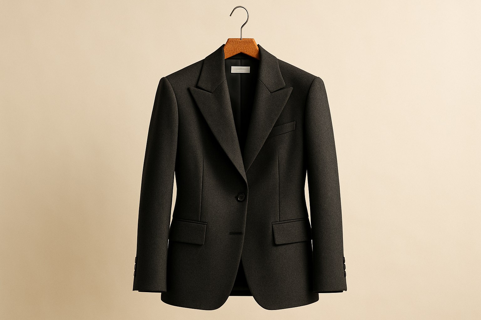 Editorial photograph of a tailored charcoal wool blazer