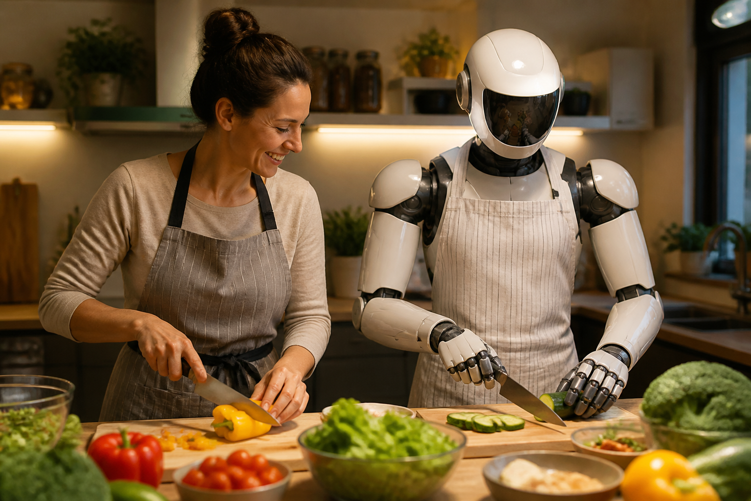 Concept image of a person cooking alongside an AI household servant