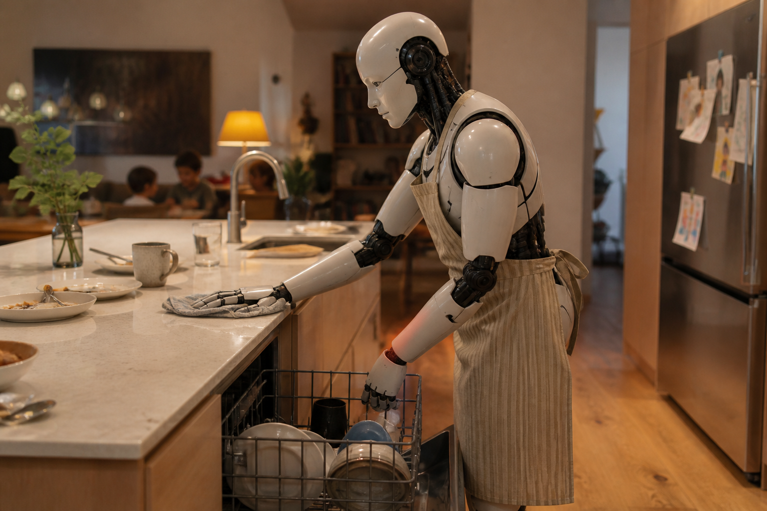 Concept image of an AI household servant loading a dishwasher