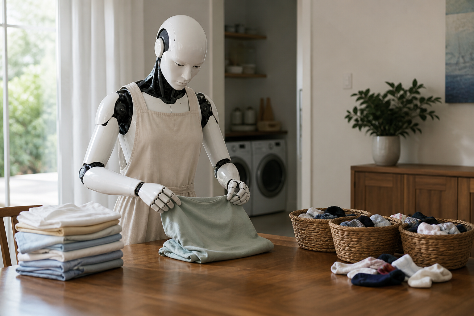 Concept image of a humanoid household assistant folding laundry