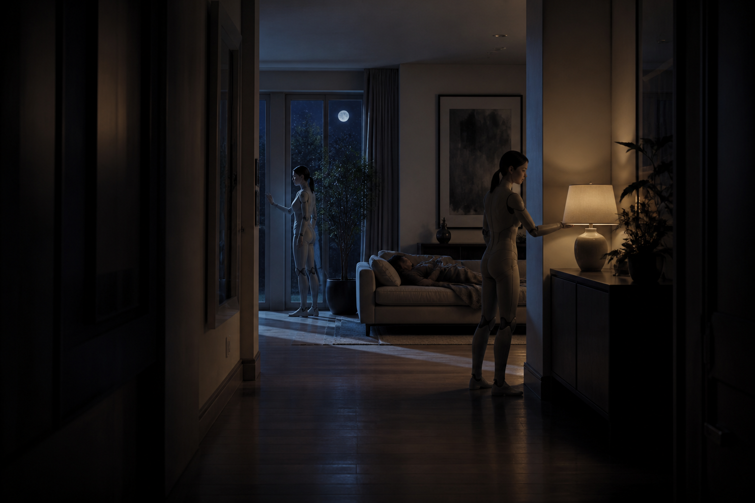 Concept image of AI household servants completing a nighttime home safety check