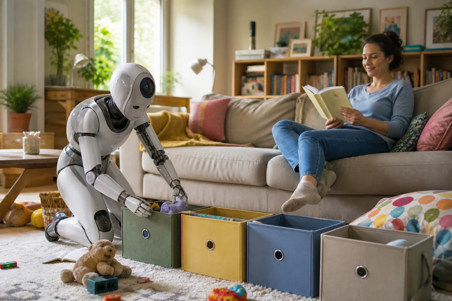 Concept image of a household robot organizing children's toys