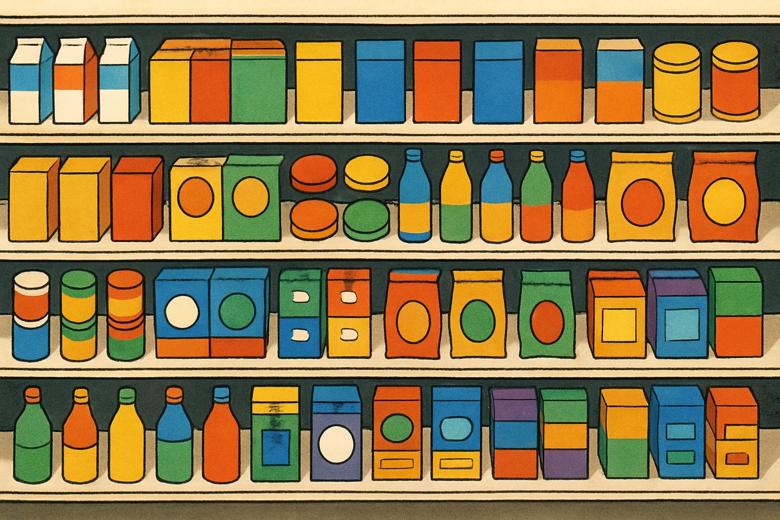 AI-generated illustration of a grocery aisle viewed from above with many colorful products