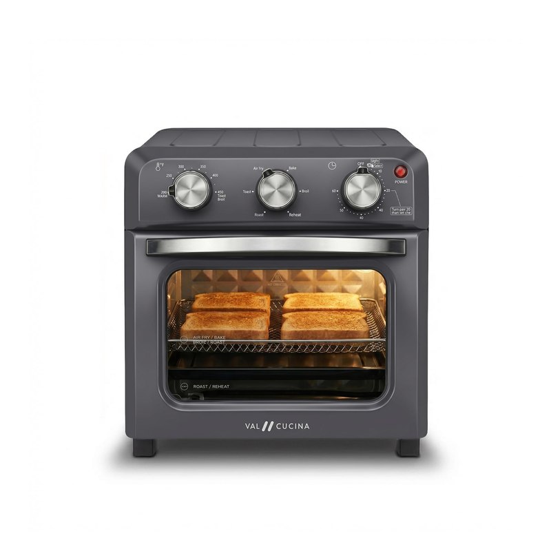 VAL CUCINA 6-in-1 Retro Air Fryer Toaster Oven Combo, Compact 12.7 QT Small Countertop Convection Oven, Fits 9" Pizza & 4 Toast, Hexagon Hybrid Heating, Enamel Baking Pan Included, Dark Grey Color