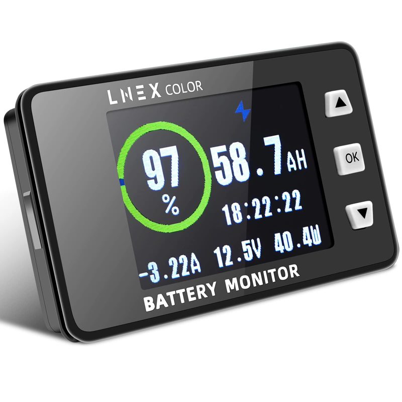 LNEX 500A Shunt Battery Monitor, 2.4" Color Screen RV Monitor with 16ft Shielded Wire, Support High Low Voltage Programmable Alarm for 8-100V Lifepo4, Lithium Sealed, Gel, Flooded Battery