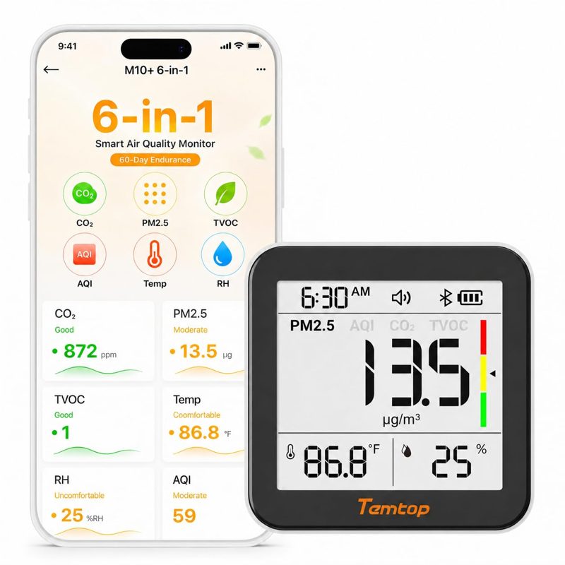 Temtop M10+ 6-in-1 CO2 Meter & Indoor Air Quality Monitor