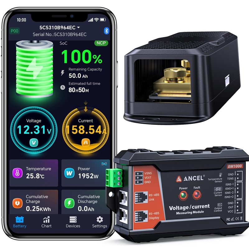 ANCEL BM1000 Bluetooth Battery Monitor, 400A Smart Shunt for RV & Marine