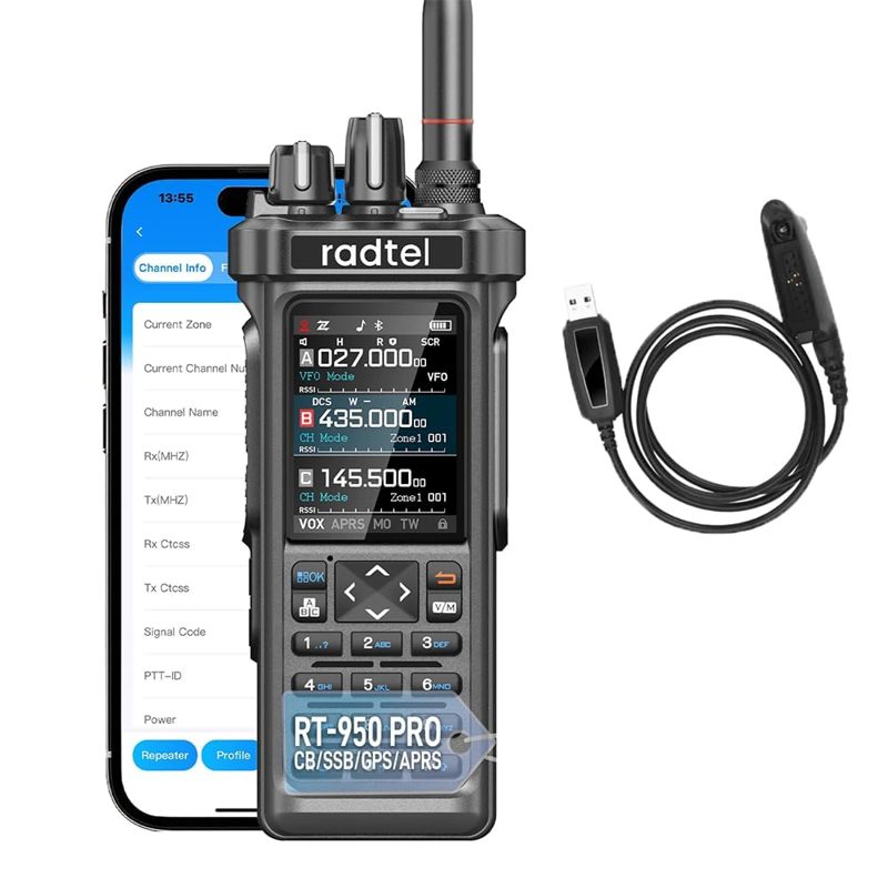 Radtel RT-950 PRO Ham Radio TX GPS/APRS, 10W Walkie Talkie Long Range Handheld Two Way Radio, AM/FM/CB/SW/MW/LW RX, Bluetooth APP Programming, NOAA, Spectrum Analyzer (with Programming Cable)