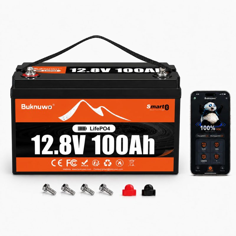 BUKNUWO 12V 100Ah LiFePO4 Lithium Battery with Bluetooth,15000+ Cycles Lithium Battery for Trolling Motor, Off-Grid,Boat,RV, Marine, Solar (12.8V 100Ah-Bluetooth)