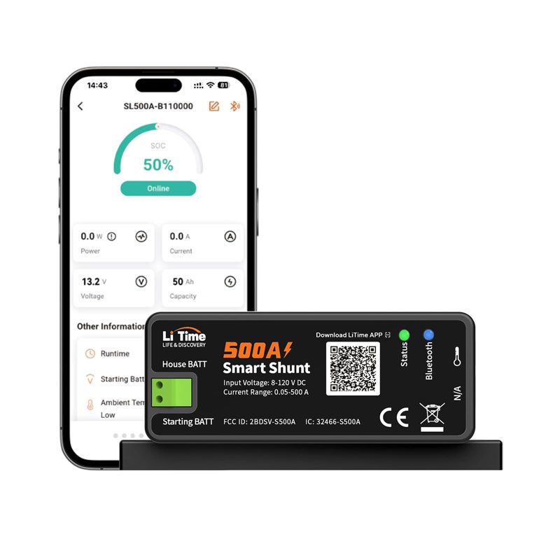 LiTime 500A Bluetooth Battery Monitor, 8V-120V Batteries Smart Shunt M8