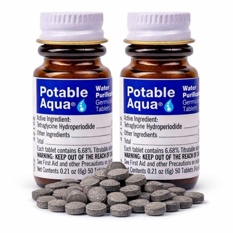 Potable Aqua Water Purification Tablets, Portable and Effective Water Purification Solution for Camping, Hiking, Emergencies, Natural Disasters and International Travel, Two 50ct Bottles, Blue