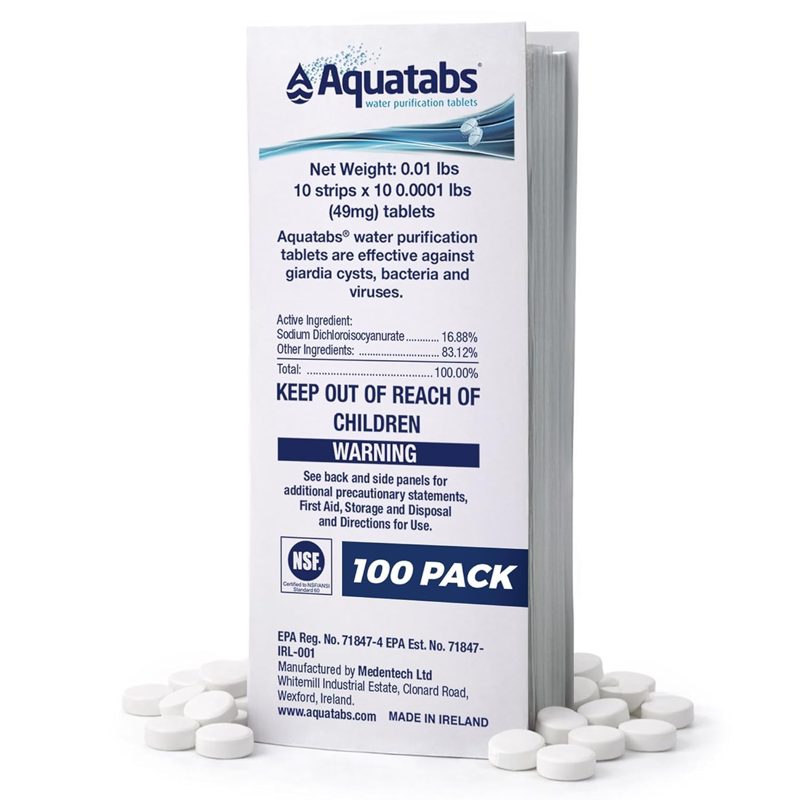 Aquatabs 49mg Water Purification Tablets, 100 Pack, Hiking & Camping