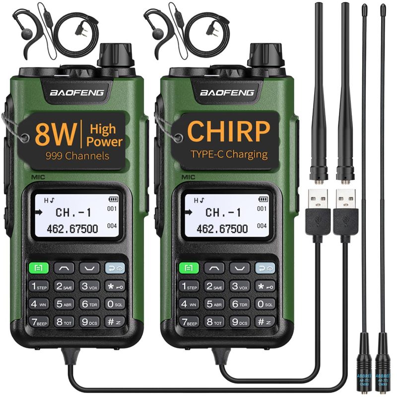 BAOFENG GMRS Radio Handheld Long Range GM-15 Pro 8W Walkie Talkie with Earpiece NOAA Weather Receiver Rechargeable GMRS Repeater Two Way Radio with USB-C Charger for Hunting Survival Gear,2Pack