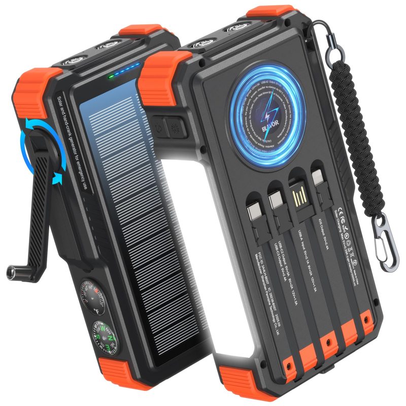 BLAVOR Solar Power Bank with Hand Crank and Built-in 4 Cables 20000mAh
