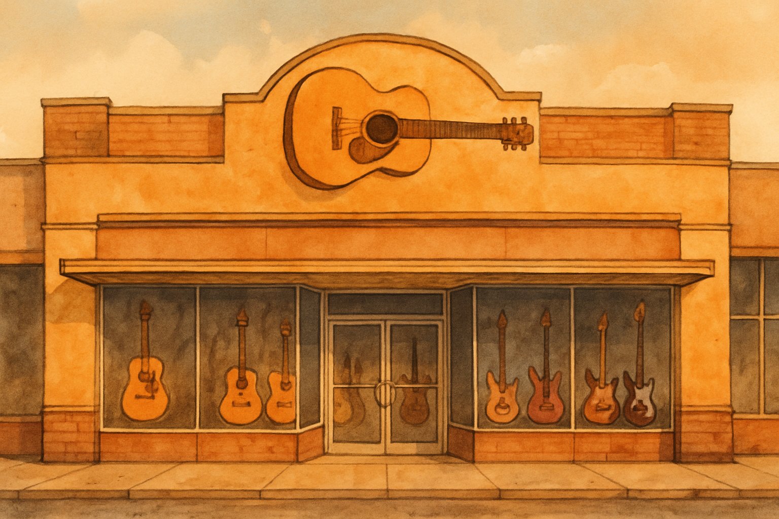 AI-generated illustration of a record store building later converted into a guitar showroom