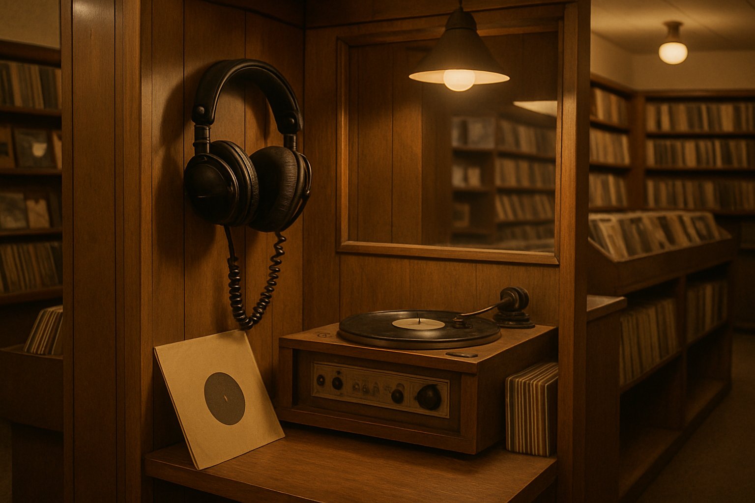 AI-generated illustration of a vintage record store listening booth with headphones