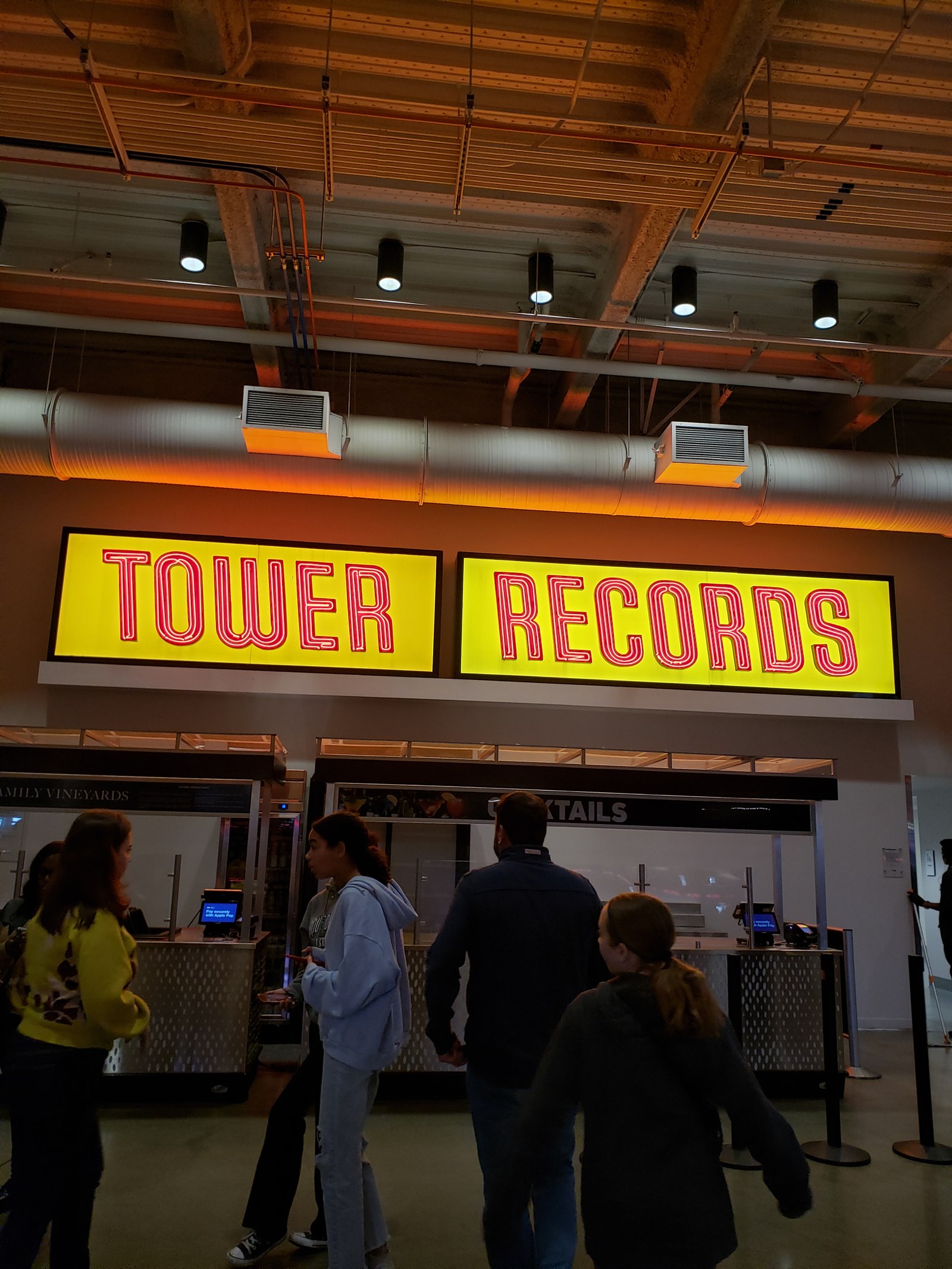 A preserved Tower Records neon sign on display at Golden 1 Center in Sacramento