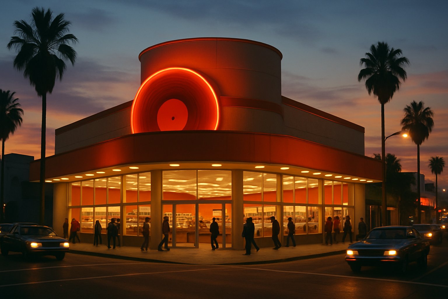 AI-generated illustration of a large record store storefront on a busy sunset boulevard at dusk