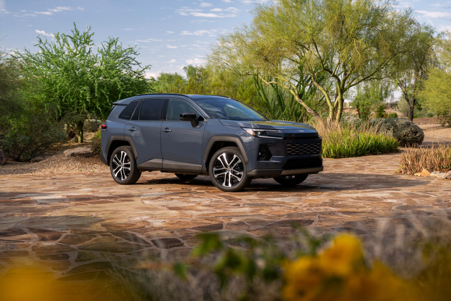 The all-new Toyota RAV4, rear three-quarter view in the desert, official Toyota press photography.