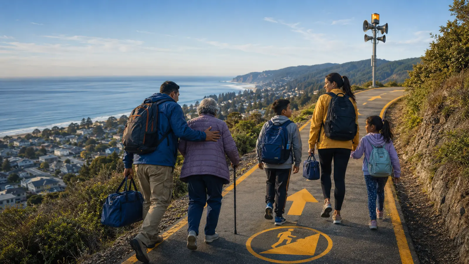 A family walking uphill along a marked coastal evacuation route carrying bags, one helping an older relative, with a warning siren tower ahead and the sea below.