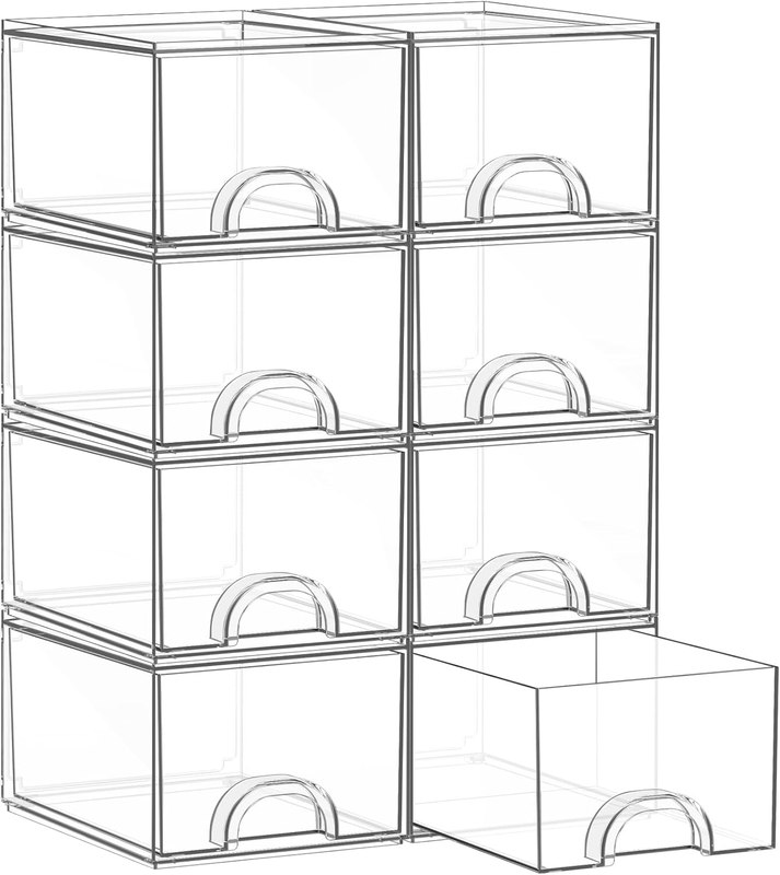 8 Pack Small Clear Stackable Acrylic Storage Boxes & Drawers | Storage Organizer, Clear Plastic Makeup Organizer, Ideal for Vanity, Cabinet, Desk Organization, Art Tool & Sketch