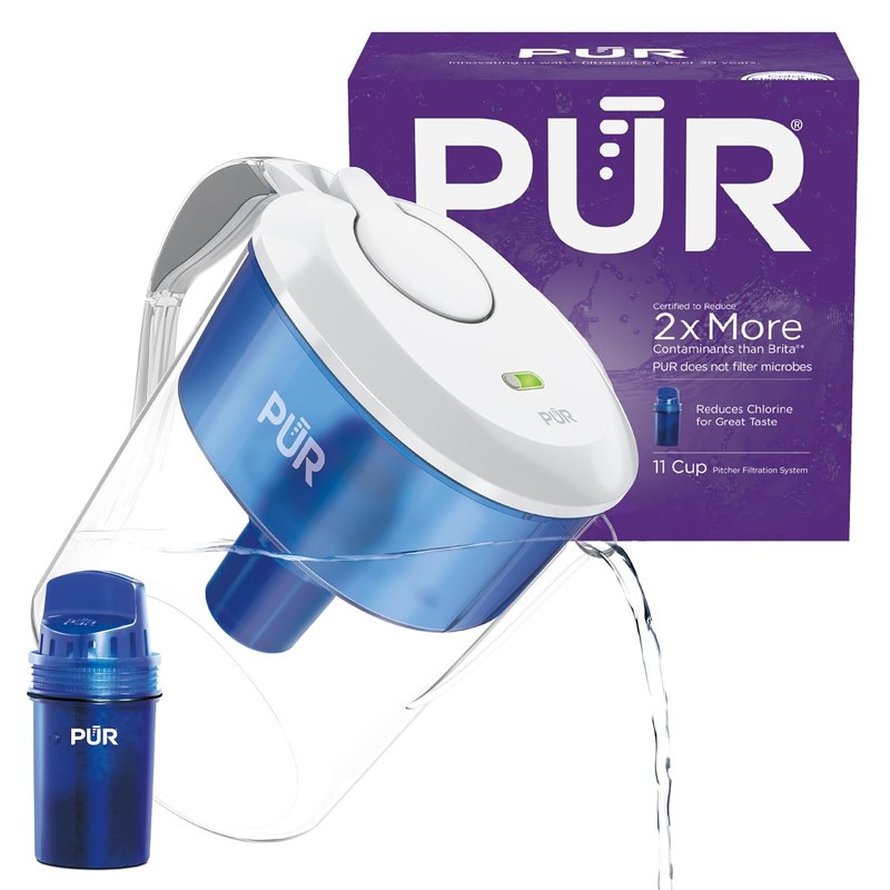 PUR 11-Cup Water Pitcher, Include 1 Genuine PUR Filter, White | Cleaner, Great-Tasting Water, Dishwasher Safe, Powerful Filtration, Filter Change Light Indicator, LockFit Cap Design