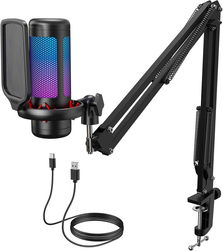 TONOR Gaming Microphone Set with Boom Arm, Vocal Condenser Microphone for Content Creators, USB Mic for PC with Stand, RGB, Tap Mute, Gain Control, Gaming Equipemnt, Twitch, Streaming, TC310+ | Boom Arm Set, USB Mic with Controllable Light, One Tap Mute, Volume Control, for Discord, Twitch Streaming, Black, TC310+