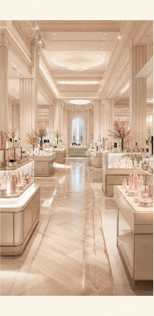Illustration of a bright Western department store beauty hall with rows of white display counters.