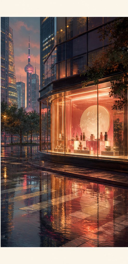 Illustration of a modern Chinese city street at dusk with a glowing cosmetics boutique window.