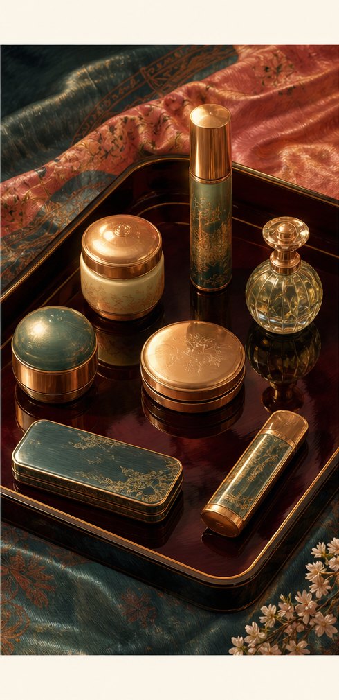 Illustration of a lacquered tray holding several ornate unmarked cosmetic containers on silk.
