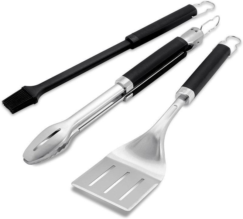 Weber® Precision Grilling Tool Set, 3‑Piece | Stainless-Steel Tongs, Spatula & Silicone Basting Brush with Non‑Slip Handles and Hands‑Free Locking - Grill Accessory Kit