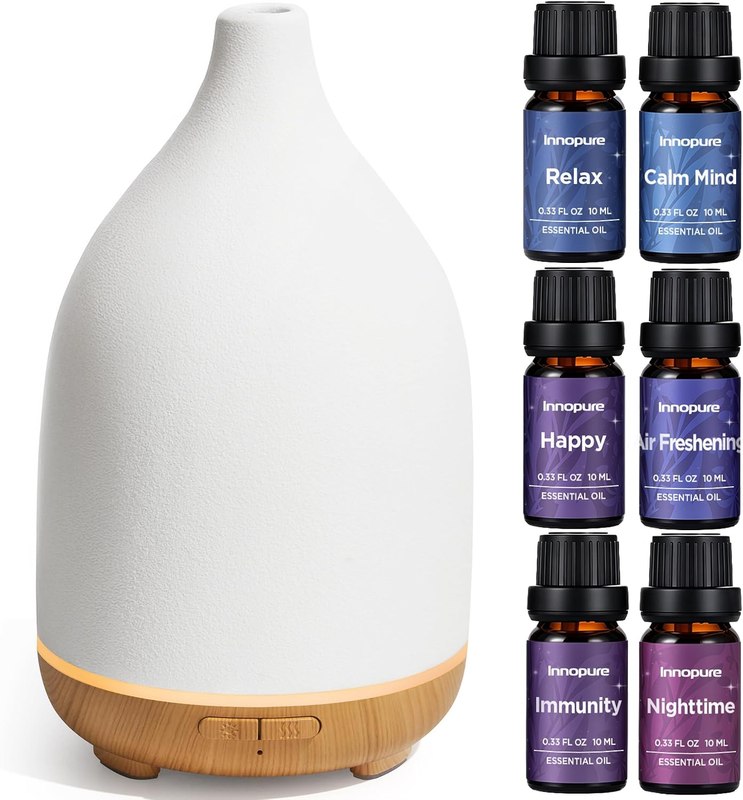 InnoGear 150ml Ceramic Diffuser for Home & 6 Essential Oils Scent Gift Set | Ceramic Stone Cover, Cool Mist Humidifier, Aromatherapy, Up to 10hrs, Large Room, 7 Colors Light, Ultrasonic, Quiet, Auto Off