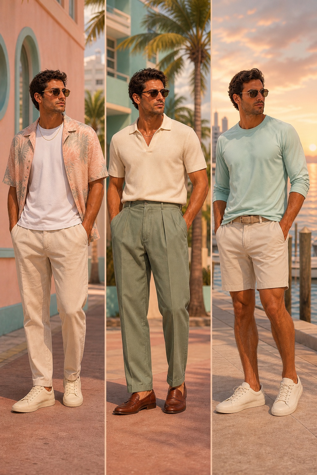 Three wearable Jason-inspired Florida-core looks, side by side.