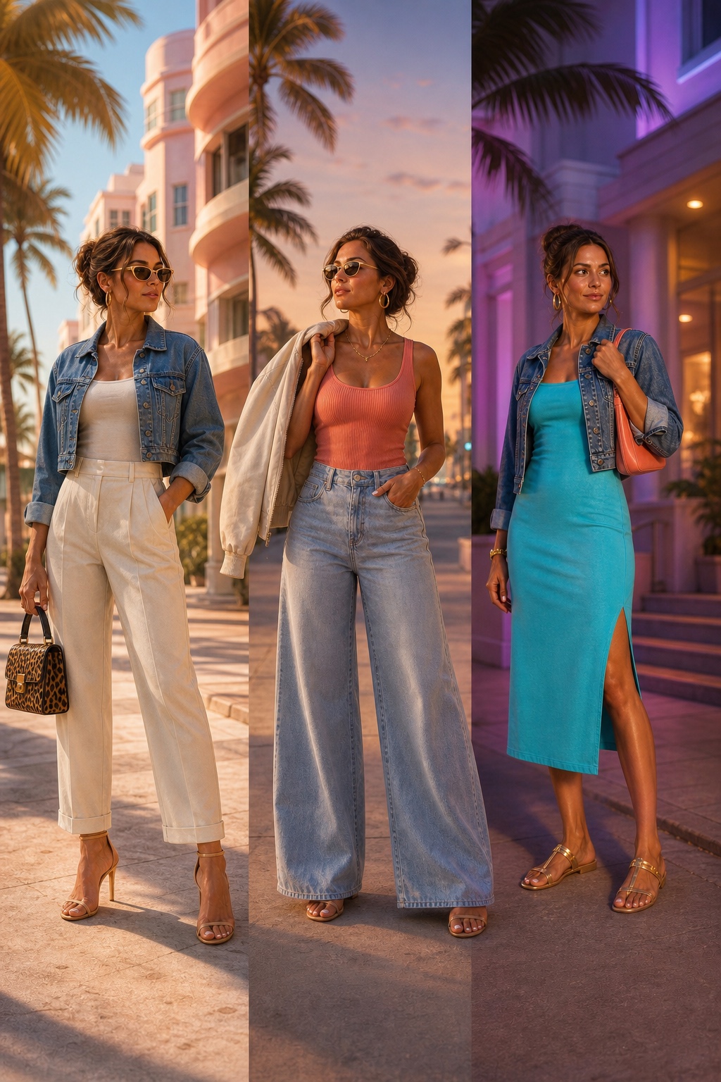 Three wearable Lucia-inspired Florida-core looks, side by side.