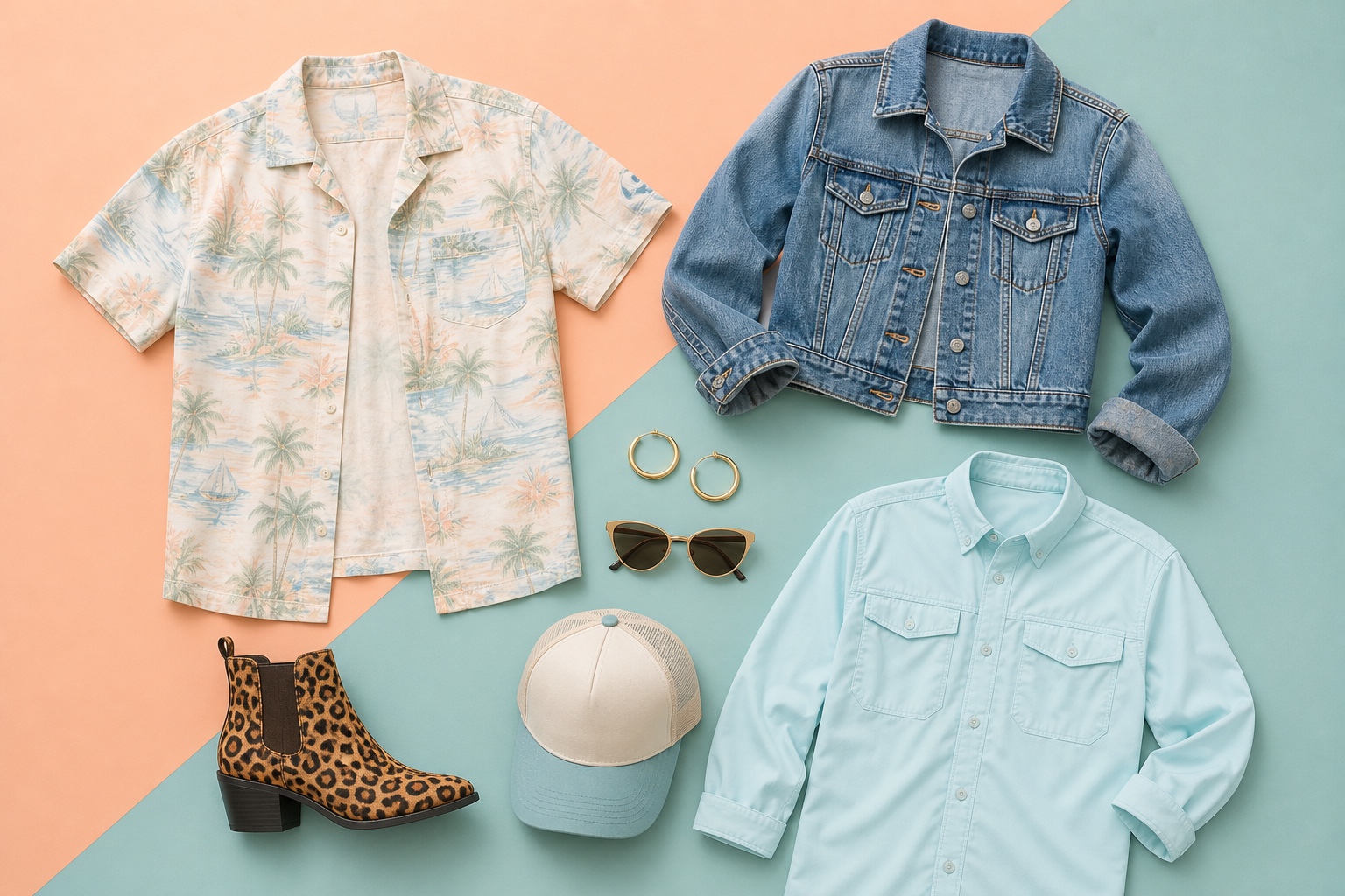 An overhead flat-lay of Florida-core pieces: camp shirt, cropped denim, animal-print boot, gold hoops, trucker cap, fishing shirt.