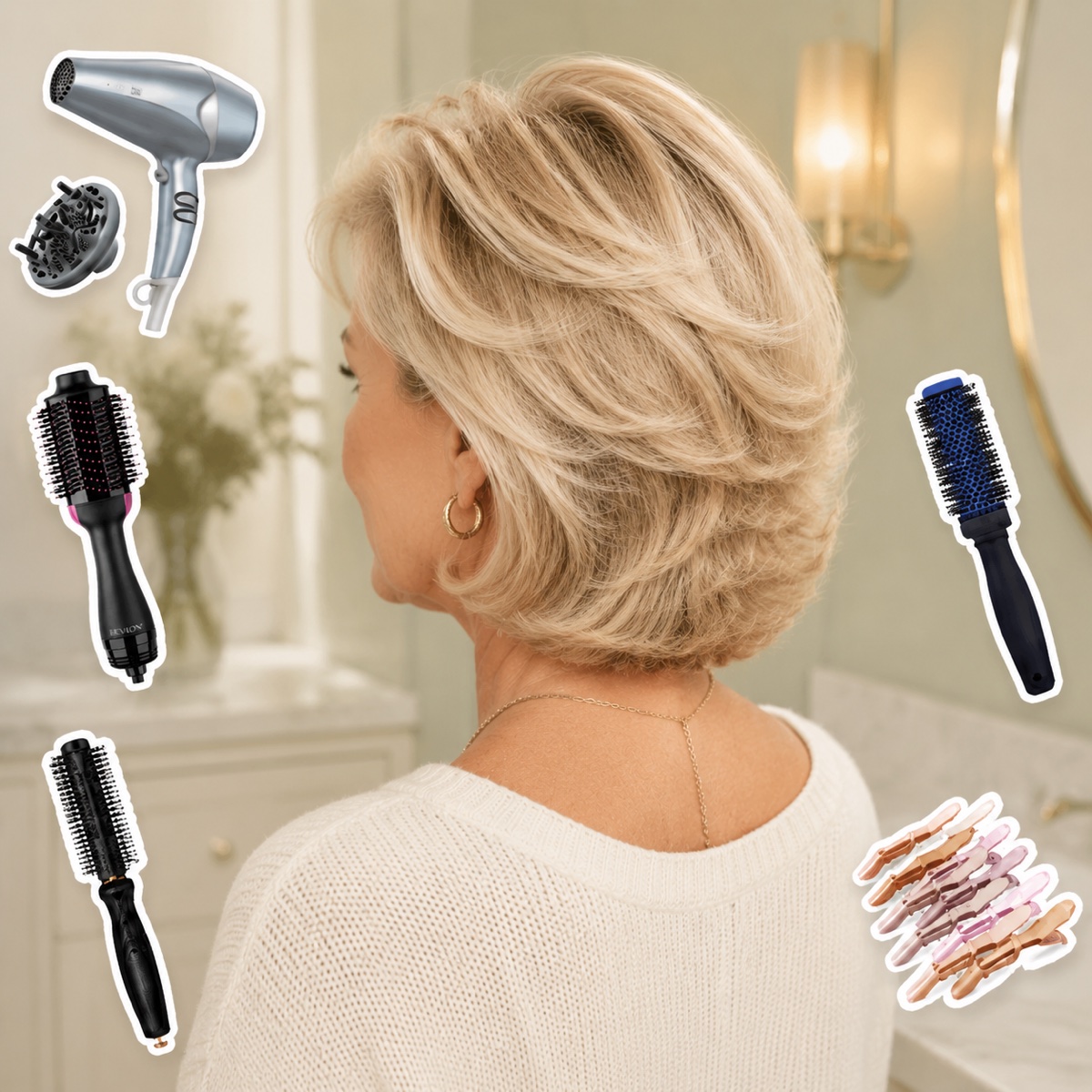 Illustration: a styled blowout, with a hair dryer, round brushes, a one-step volumiser and sectioning clips arranged around it.
