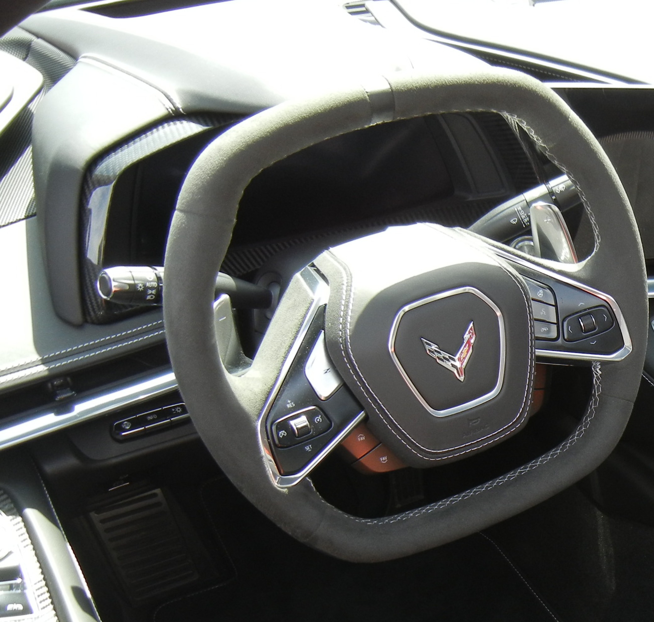 Chevrolet Corvette C8 squared steering wheel closeup.